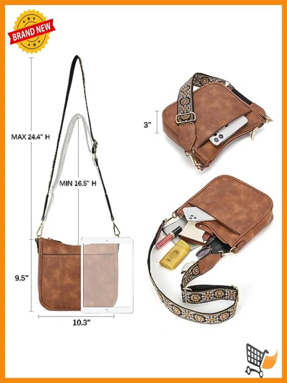 Vegan leather crossbody hobo purse, wide strap, 10.3
